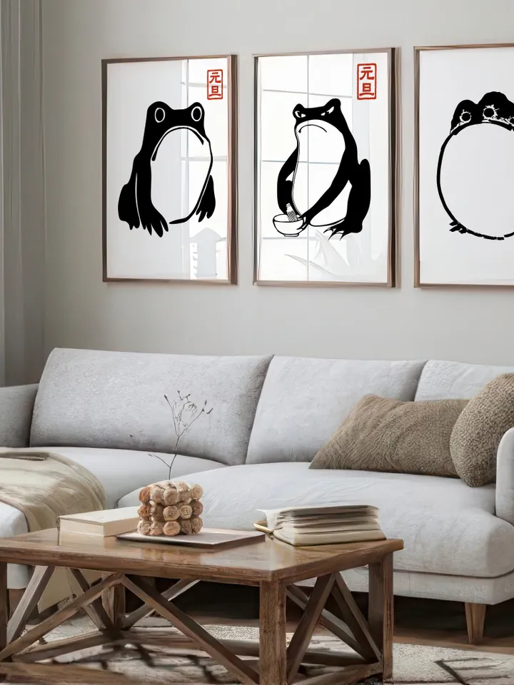 Japanese Matsumoto Hoji Frog Set of 3, Vintage Frog Woodblock Poster, Ukiyo-e Frog Print, Japanese Frog Printable Wall Art, Digital Download