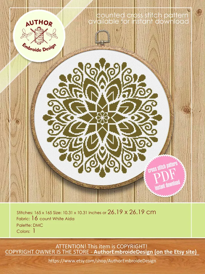 Mandala cross stitch pattern download PDF Simple mandala digital Monochrome cross stitch Modern mandala ornament cross stitch chart #M180