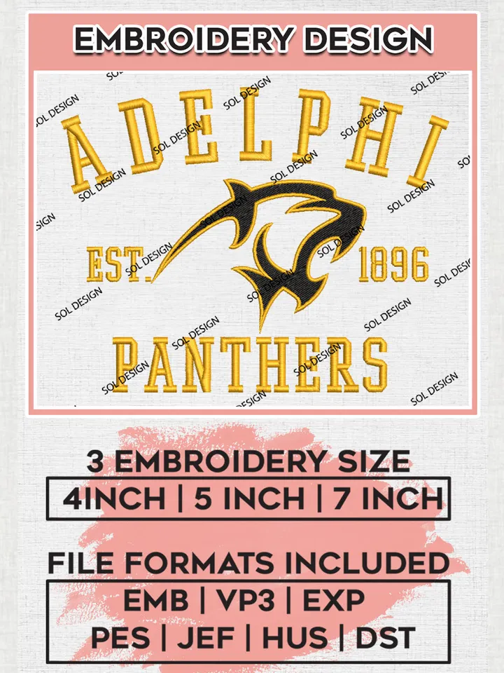 Ni.kee Adelphi Panthers College Team Est 1896 Logo Embroidery Design Files, NCAA Adelphi Panthers Machine Embroidery, NCAA Teams, 3 sizes, NCAA Machine embroidery designs, Digital Download