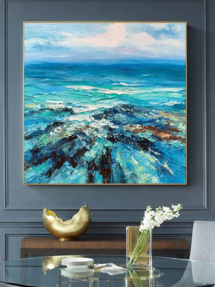 Blue Mediterranean Sea Landscape Oil Painting on Canvas, Abstract Crystal-clear Ocean Acrylic Painting, Large Heavy Textured Wall Art Decor