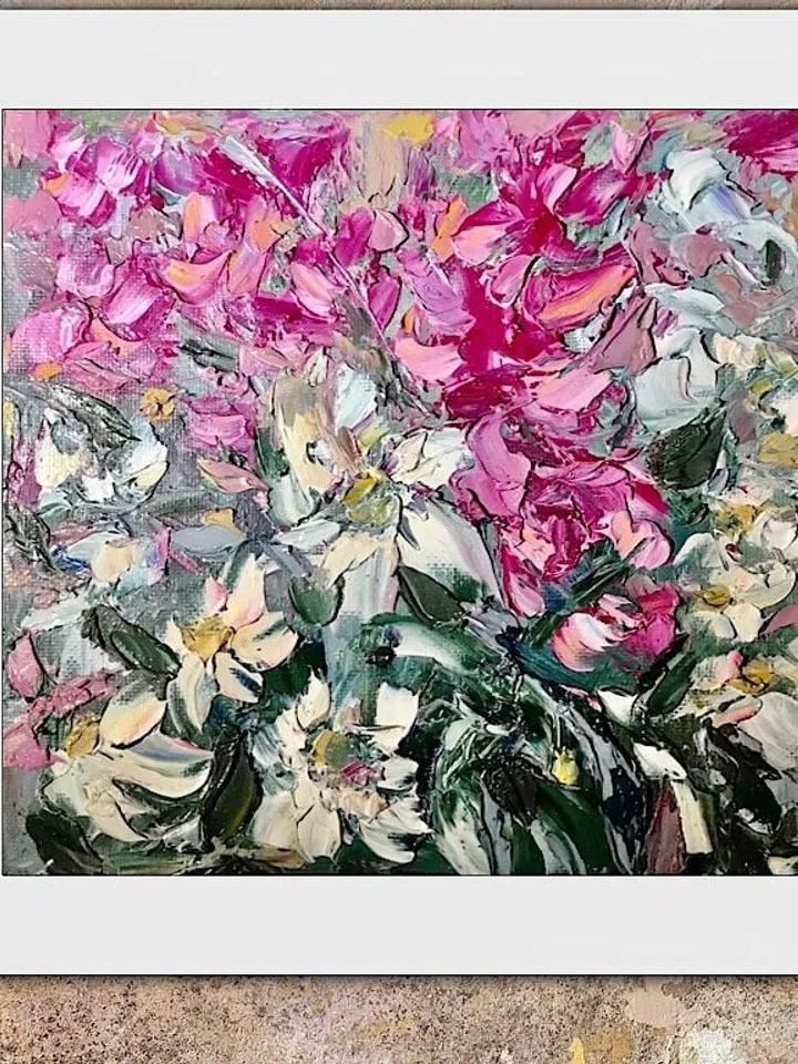 Pink and white flowers fantasy painting ,original oil impasto painting on small canvas board ,wall decoration,small gift.