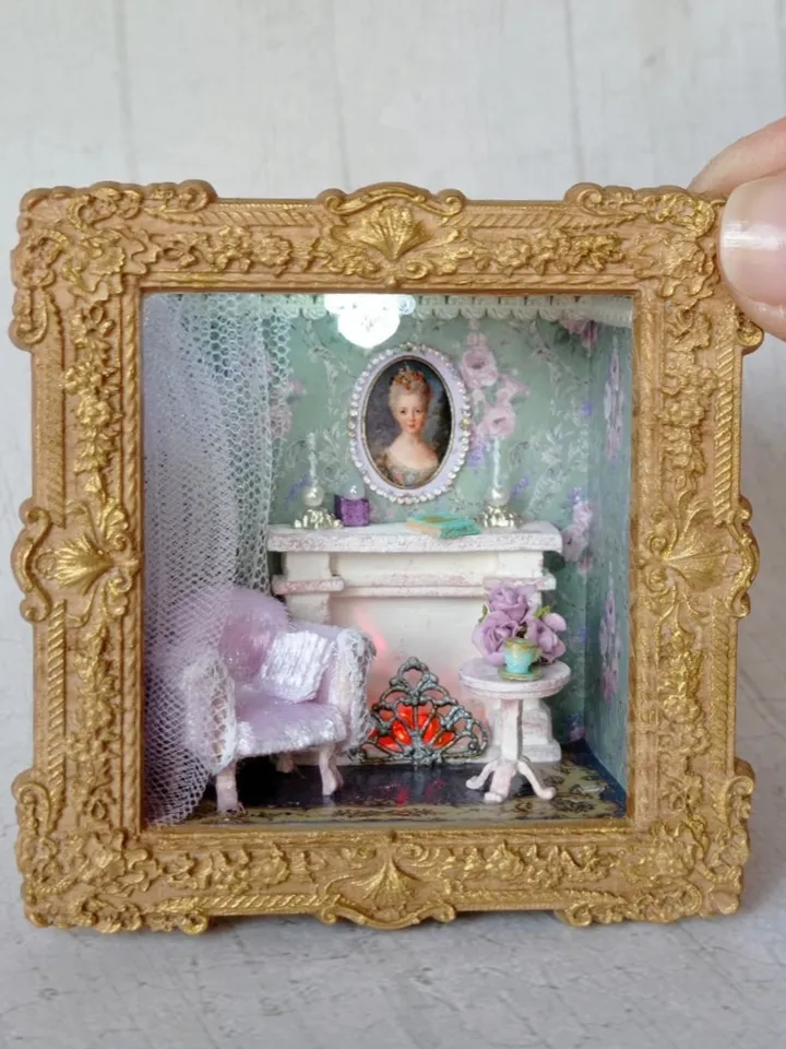 Miniature living room with white fireplace, miniature 1/48 scale dollhouse with furniture