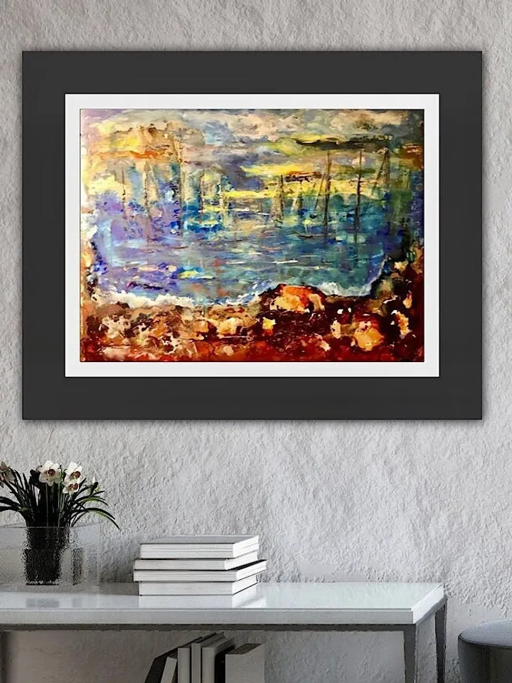 Sunset mirage,mix media painting on yupo paper,fantasy sea boats abstract painting,gift,home decoration,wall hanging
