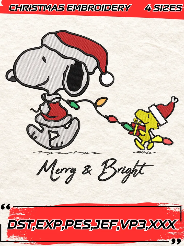 Snoopy Dog Merry And Bright Embroidery Design,Christmas Embroidery Design,4 Sizes,Digital Download