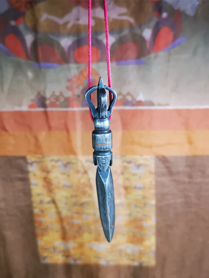 Gandhanra Handmade Tibetan Buddhist Ritual Implement - Kila -Dorje Phurba,Made of Cold Iron inlaid with Copper,3.9"