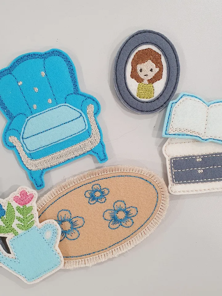 ITH Blue Dollhouse Room Furniture Set Embroidery Design | Felt Bed Chair Table Pattern 4x4 Hoop | Miniature Download