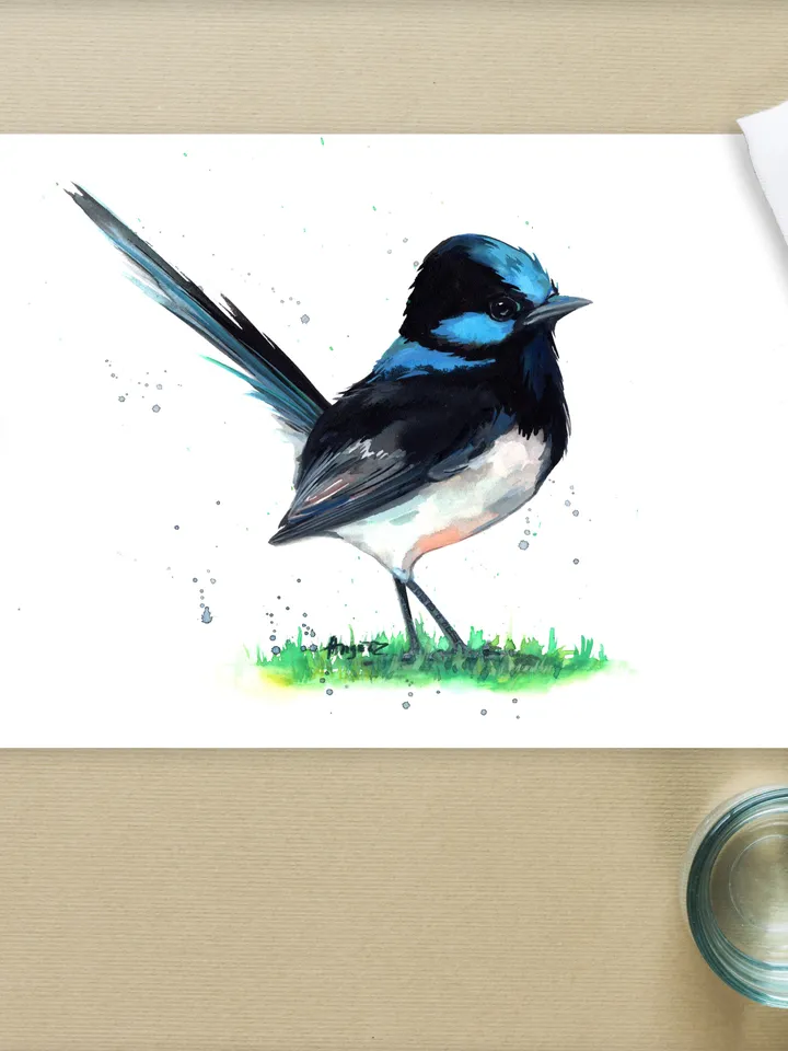 Blue fairy wren original watercolor, bird on the branch painting, colibri portrait room decor, 8x11 in wall art for bird lovers handmade by Anne Gorywine