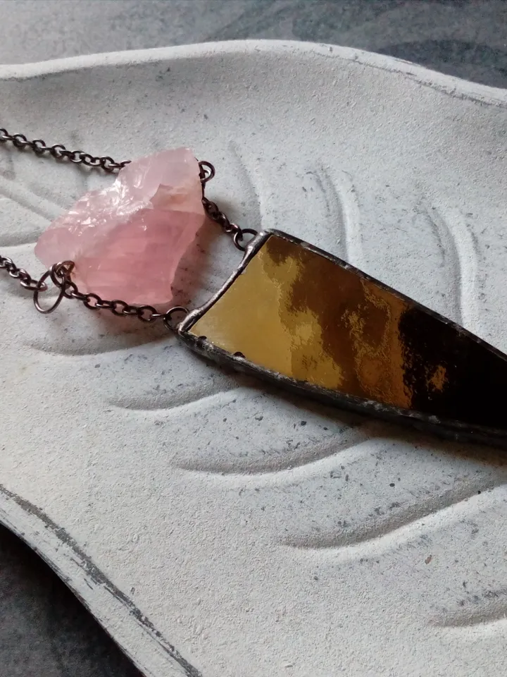 Spike necklace, rose quatrz pendant, stained glass necklace, geometric pendant, triangular necklace