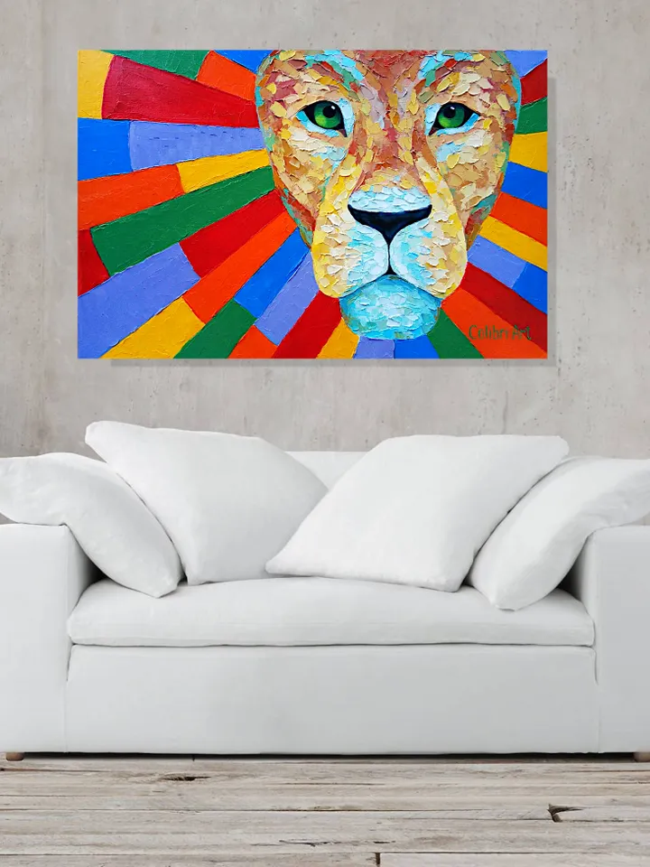 Lion Painting Abstract Original Art Animal Rainbow Wall Art Impasto Painting On Canvas Colorful 16" x 24" By Colibri Art