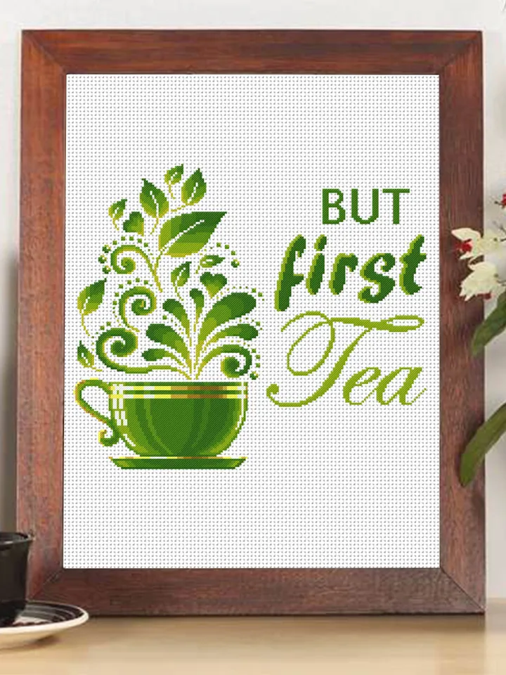 Herbal tea cup cross stitch pattern But first tea Instant download PDF, Tea quote cross stitch chart, Modern tea sampler, Tea lover gift #Q9
