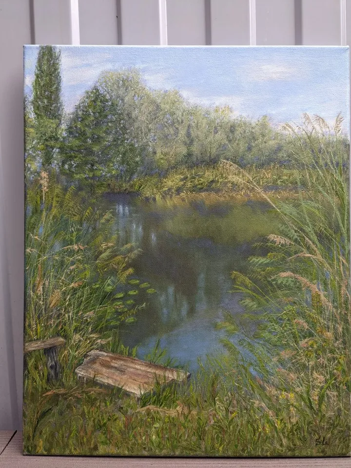 Summer landscape oil painting with a river, green grass and trees, with a small bridge, canvas 16x12 inches