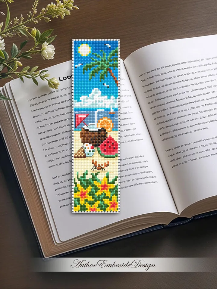 Beach bookmark cross stitch pattern PDF download Tropical drink cross stitch chart, Summer bookmark pattern digital, Beach life Hawaii #B434