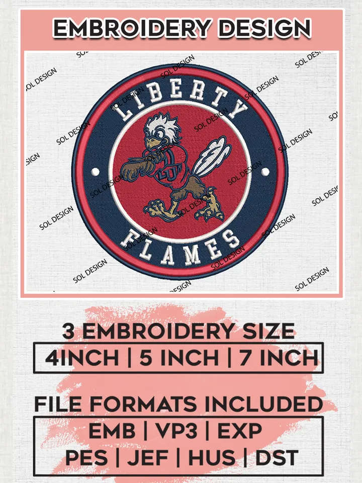 NCAA Liberty Flames Round Logo Embroidery, NCAA Liberty Flames Logo Embroidery files, NCAA Teams, Machine embroidery designs, Digital Download