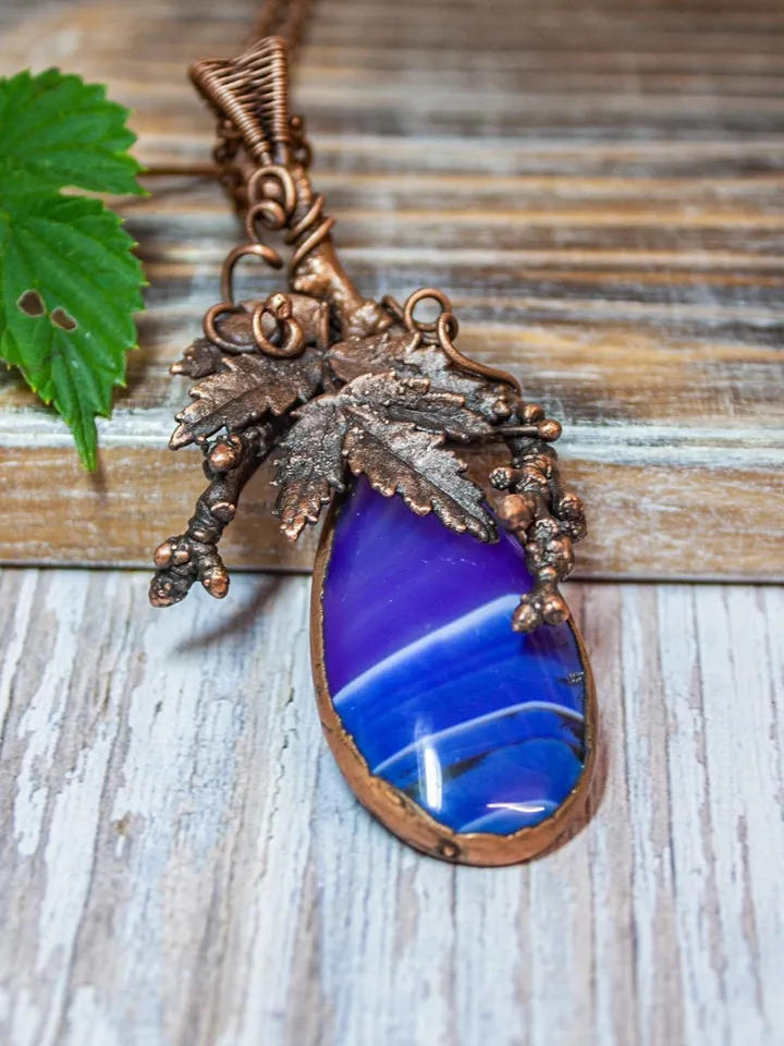 Unique handmade copper pendant made of natural leaves and twigs using the electroforming method, with a natural agate, an original gift