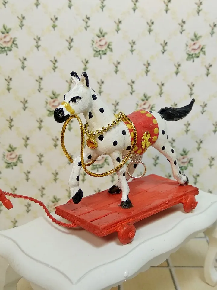 Horse on a cart. Dollhouse toy.1:12 scale.