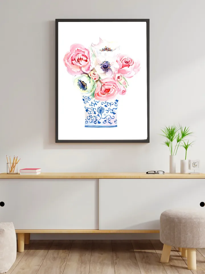 Chinoiserie Vase Flower Ginger Jar Print Watercolor Painting Blue And White Asian Flower Chinese Art Flower Painting Floral Art Print