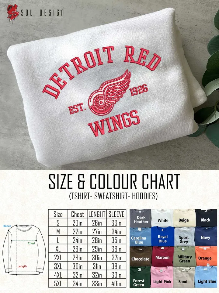Detroit Red Wings Est 1926 Embroidered Sweatshirt, NHL Team Embroidered Sweater, NHL Detroit Red Wings Shirt, Hockey Team Embroidered Hoodie, Unisex Crewneck, NHL Hockey Team Fan Gift Tee