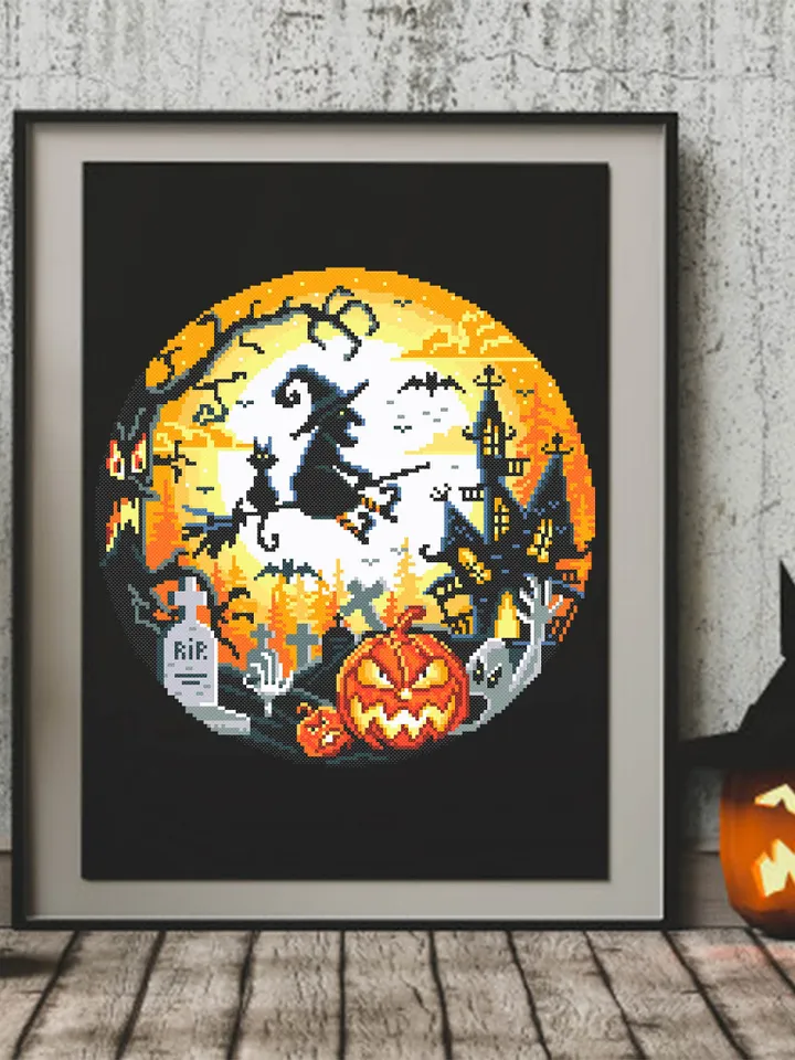 Halloween cross stitch pattern download PDF Halloween moon cross stitch chart Spooky cross stitch Cute Halloween witch Magic embroidery #H26