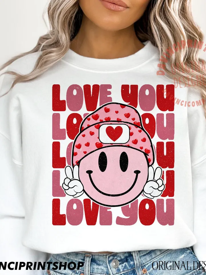 Love You png, Retro Valentines png, Valentines Day png, Valentines Shirt png, Love Sublimation, Retro Smile Face png, Sublimation png design
