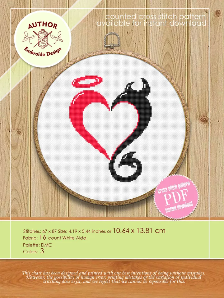 Heart cross stitch pattern download PDF Funny Valentine stitch, Heart ornament cross stitch chart, Angel and demon pattern PDF #T12