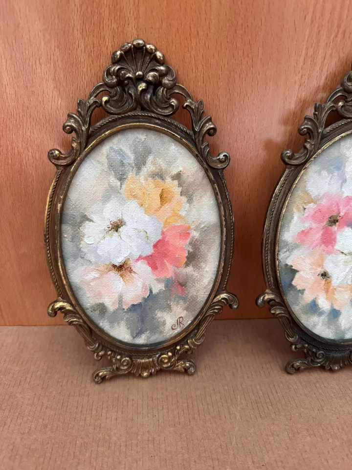 Flowers Original Painting Framed Painting Shabby Chic Painting Roses Wall Art