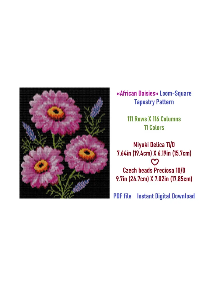 Loom-Square Stitch Beaded Tapestry, Banner, Postcard, «African Daisies» Pattern, PDF instant download