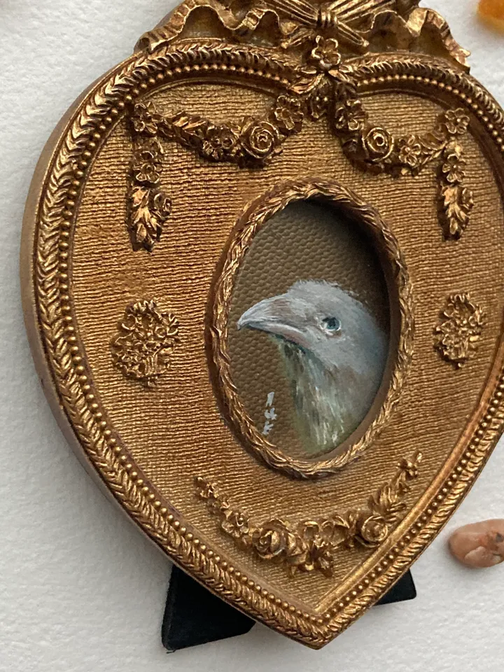 Framed Raven Oil Painting Original Albino Bird Art Dark Cottagecore Art 4x5 Art