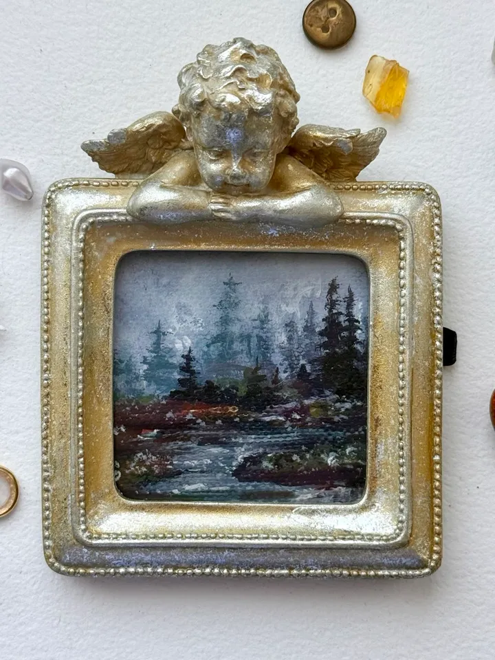 Small Landscape Oil Painting Framed Original Forest Artwork Antique Frame Moody Tiny Paintings 4 x 4 Art