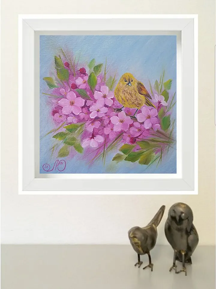 Bird Painting Cherry Blossom Original Art Animal Wall Art Spring Oil Painting