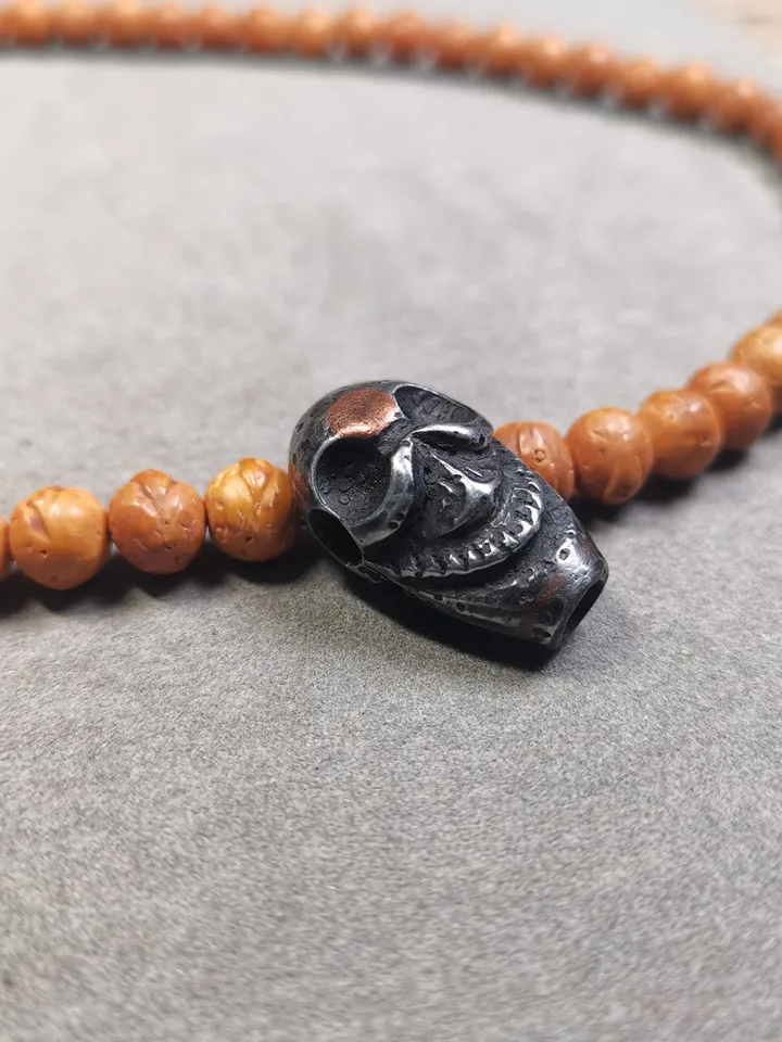 Gandhanra Tibetan Cold Iron Guru Bead,Big Skull Shape T-drilled 3-Hole Prayer Bead,Mala Bead,Connector Bead for Buddhist Bead Accessories
