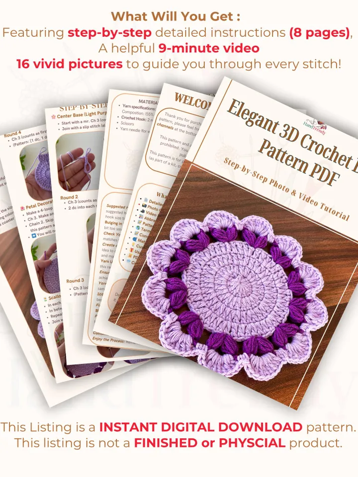 Elegant 3D Crochet Doily Pattern PDF, Vintage Floral Table Mat, Handmade Decorative Coaster, Textured Lace Placemat DIY, Instant Download