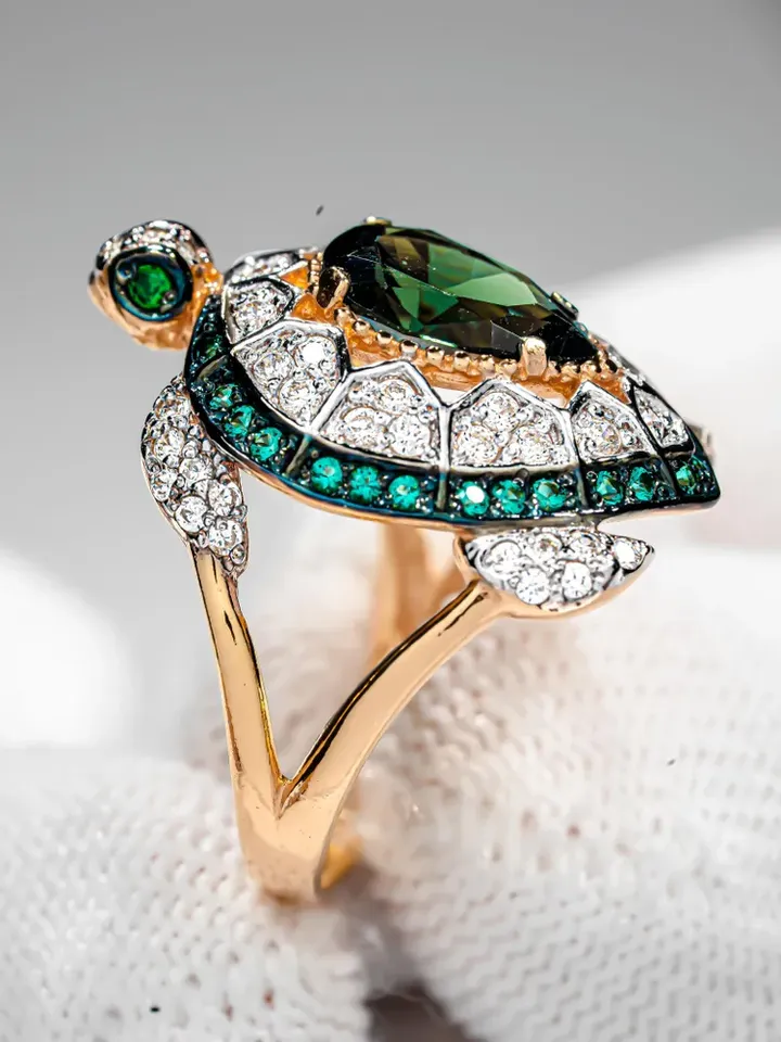 Ring Silver gold plated 925 assay value with tourmaline and cubic zirconia
