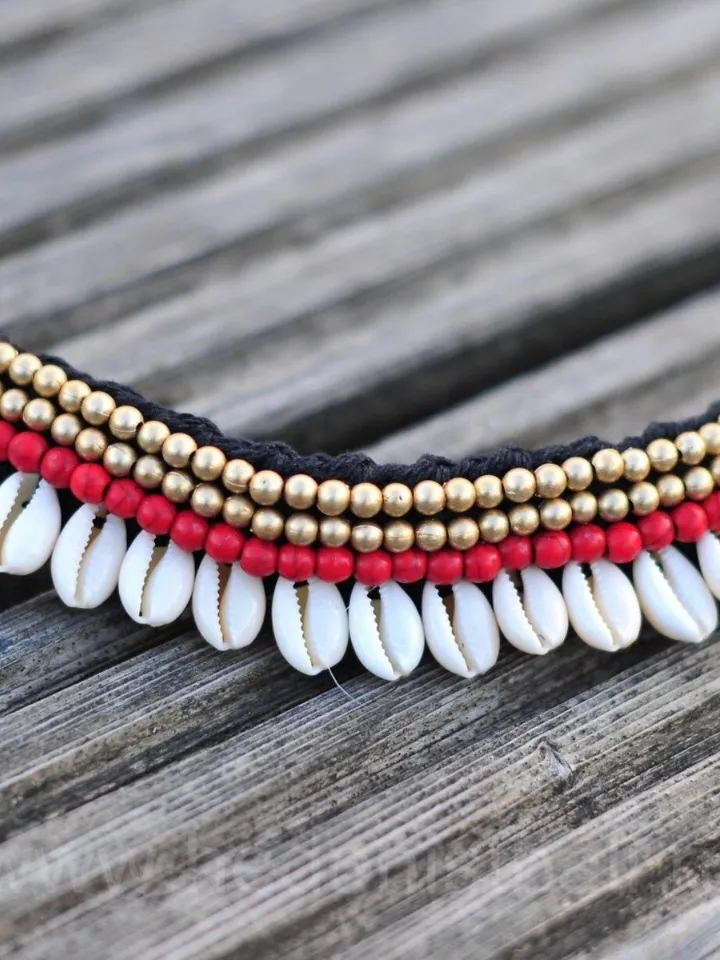 Shell Choker Cowrie Adjustable Tie Hippie Boho Coachella | Summer Shell Makrame Choker | Bohemian Shell Choker Red Gem Black | Handmade