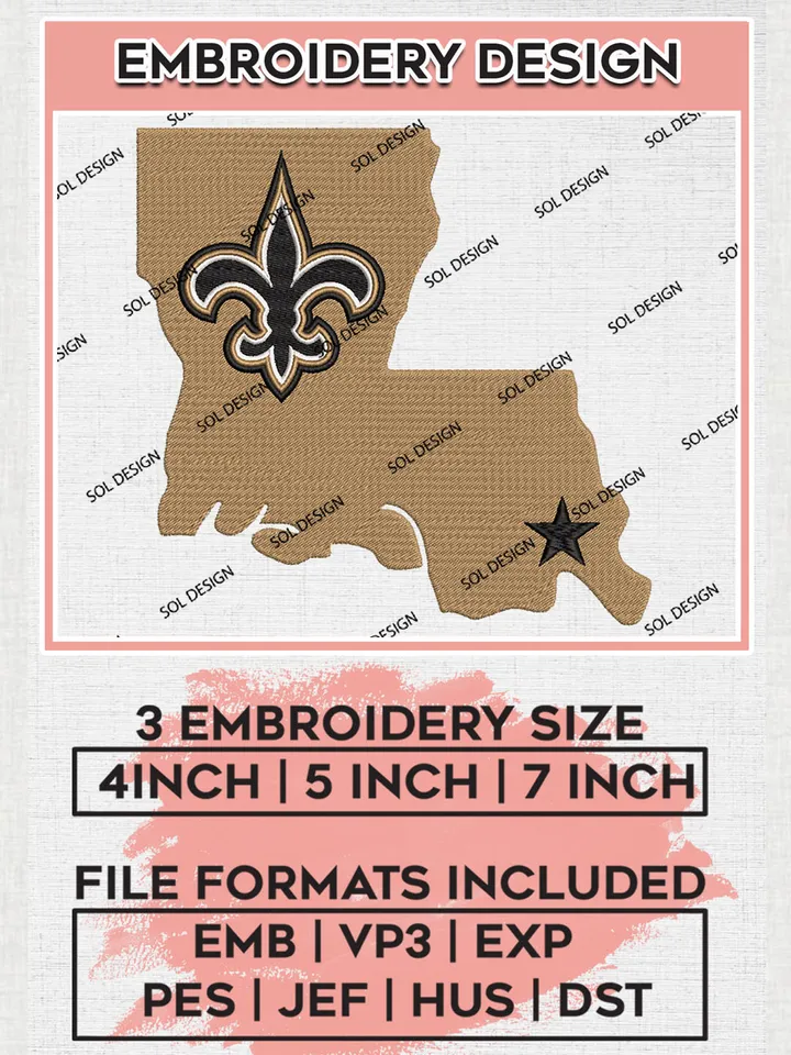 NFL New Orleans Saints Maps Logo Embroidery Designs, NFL Saints, NFL Embroidery Designs, NFL New Orleans Saints Machine Embroidery Design, Digital Download