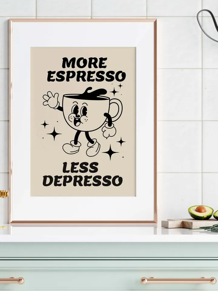Espresso Digital Wall Art, Coffee Lover Art Print, More Espresso Less Depresso Print, Retro Coffee Quote Print, Trendy coffee poster
