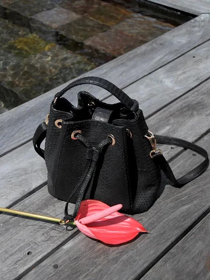 Genuine python skin black bucket crosshandle bag | designer women purse | classy elegant crossbody bag | exotic leather bags | gift idea
