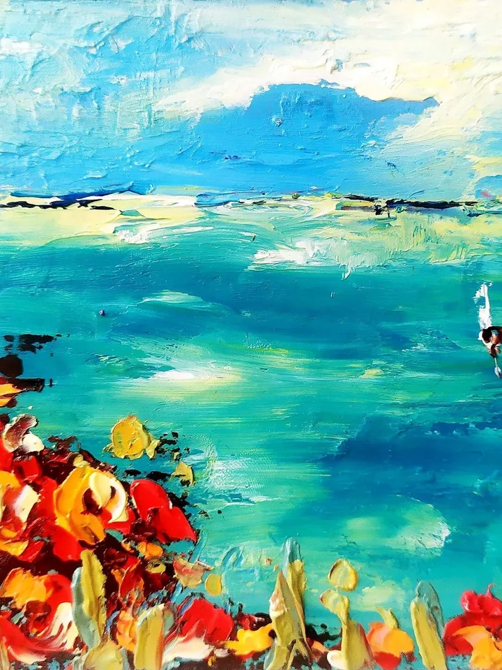 Seascape Painting Poppy Tuscany Original Art Seascape Impasto Oil Painting Small Artwork 4x4 Tuscan Serenity Original by ArtProkopaloSv