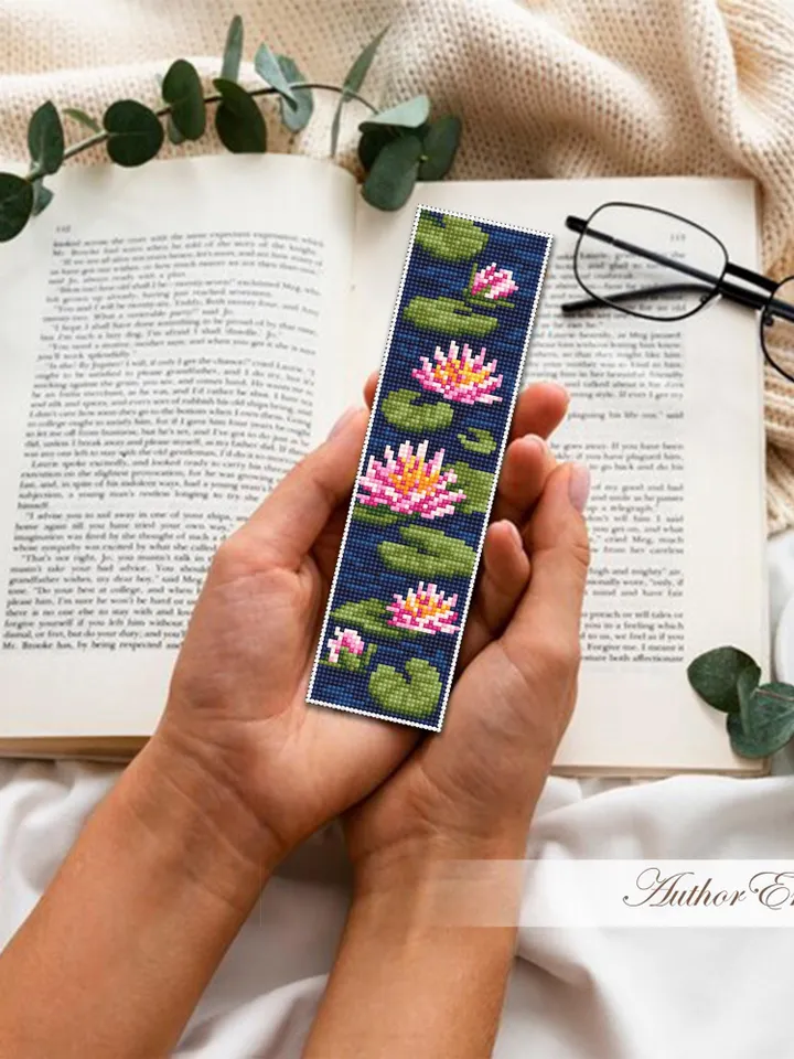 Lotus flower bookmark cross stitch pattern PDF download Water lily cross stitch chart Floral bookmark pattern digital PDF for beginner #B471