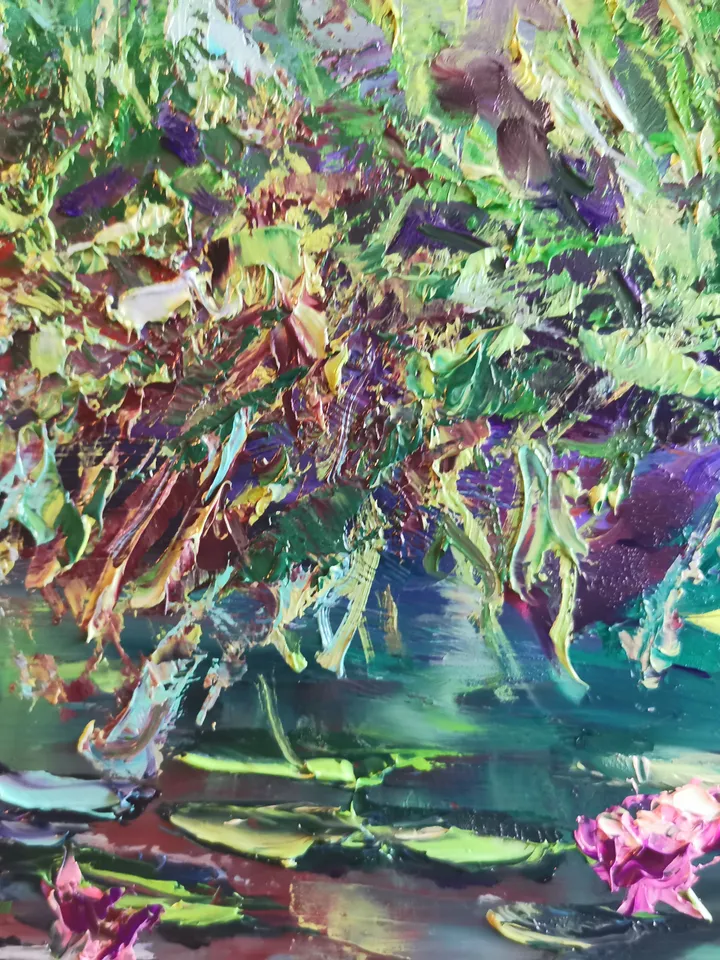 Water Lilies Pond Original Impasto Art Oil Painting Beach Artist Svinar Oksana