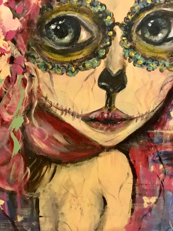 Santa muerte painting,original acrylic painting on stretched canvas,one of a kind,Halloween decoration,fantasy woman in flowers portrait.