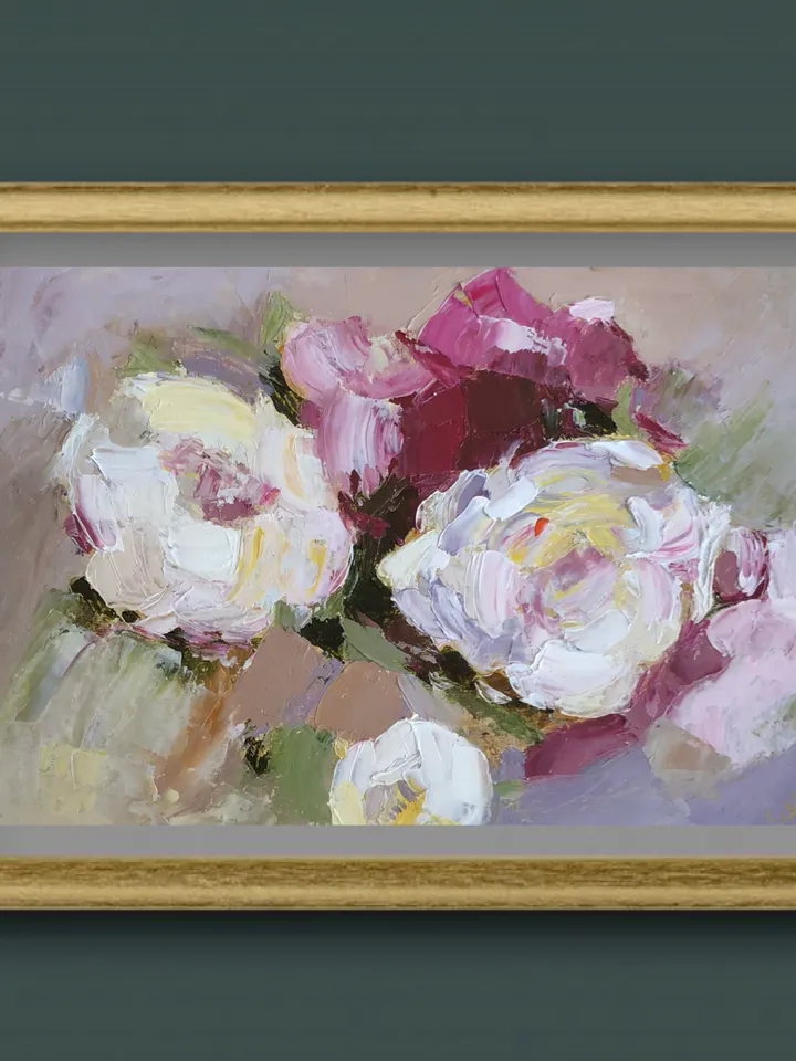 Bouquet of peonies flowers original oil painting hand painted modern impasto painting wall art 6x9 inches