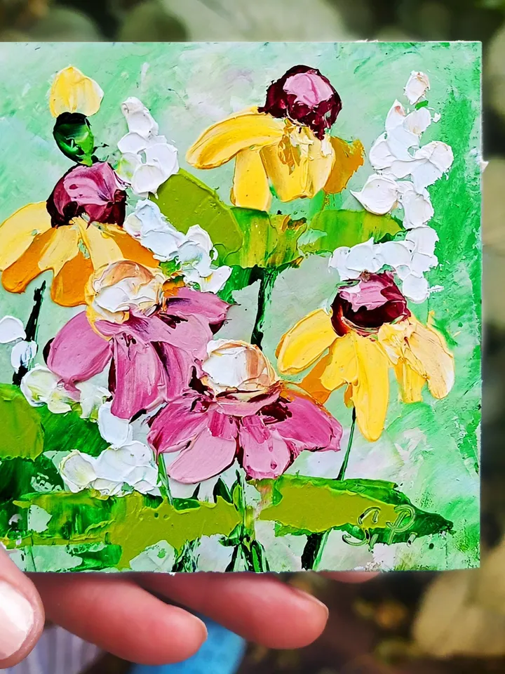 Rudbeckia painting Pink Daisies Impasto Original Painting Flowers OIl Artwork Meadow Wall Art Decor Gifts for Her by ArtProkopaloSv