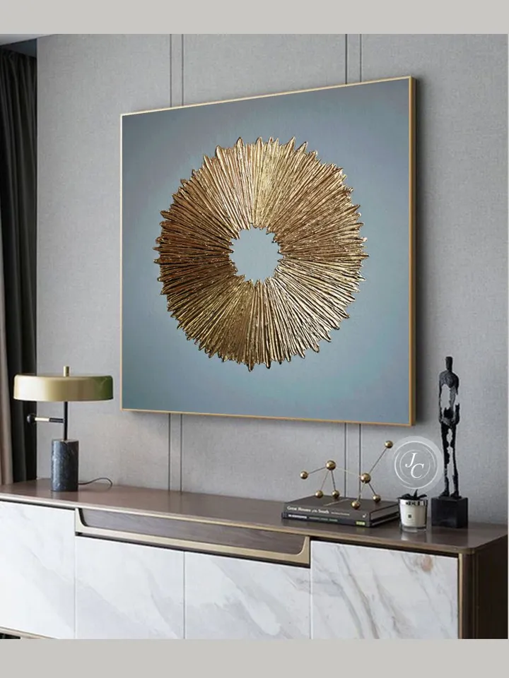 Gold and Gray Abstract Wall Art Textured Original Painting Gold Sun Wall Art | Modern artwork Above couch decor