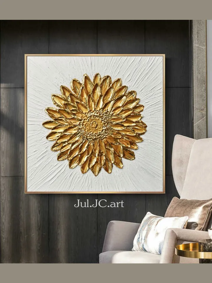 Golden Flower Abstract Wall Art Floral Original Painting Textured artwork Gold Leaf Wall Art Modern wall decor