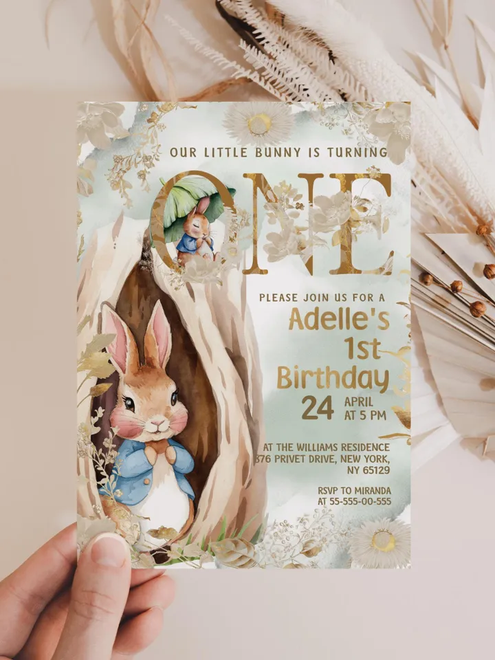 Editable and Printable invitation template for 1st Baby Birthday party in Peter Rabbit style instant download and unlimited access pr888