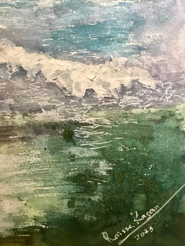 Green and pink sunset original watercolor painting,set of two fantasy wall decoration,landscapes,seascapes painting.