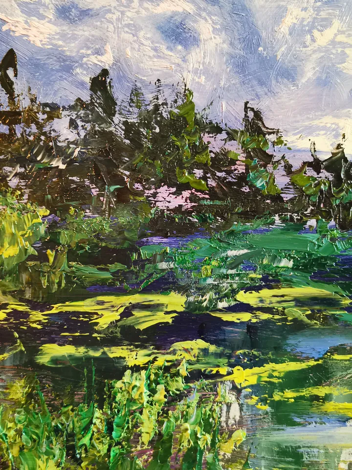Rainbow River Pond Forest Sky Original Impasto Art Oil Painting Artist Svinar Oksana