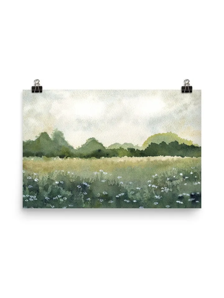 Summer Landscape Wild Flowers Print, Green Field Wall Art, Bed Room Art Print, Country Print, Sun Flower Painting, Neutral Green Print