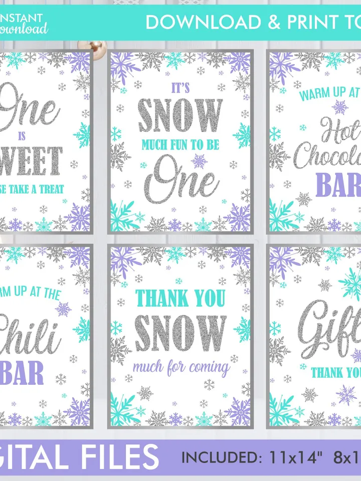 Winter Onederland Signs, Winter Onederland Birthday Girl Decorations, Purple Teal Snowflakes First Birthday Decorations Instant Download