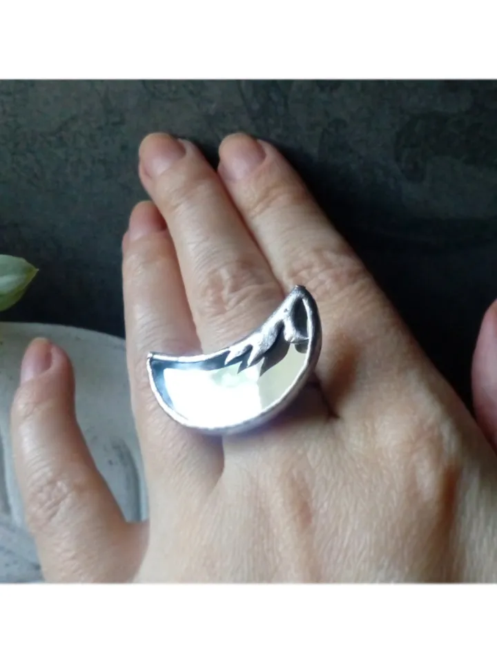 Mirror crescent ring, moon ring, stained glass ring, protection ring, Halloween ring, witchy aesthetic, soldered ring